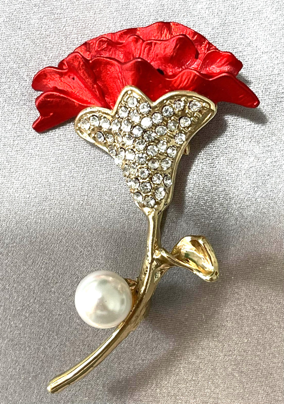 NWOT Red Flower Brooch Enamel Rhinestone Pearl Carnation Floral Plant Pin